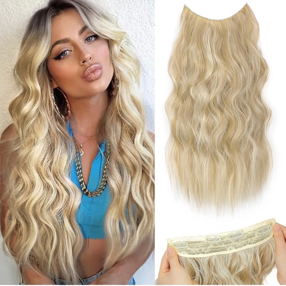 Human hair blend invisible wire hair extensions with 4 secure clips